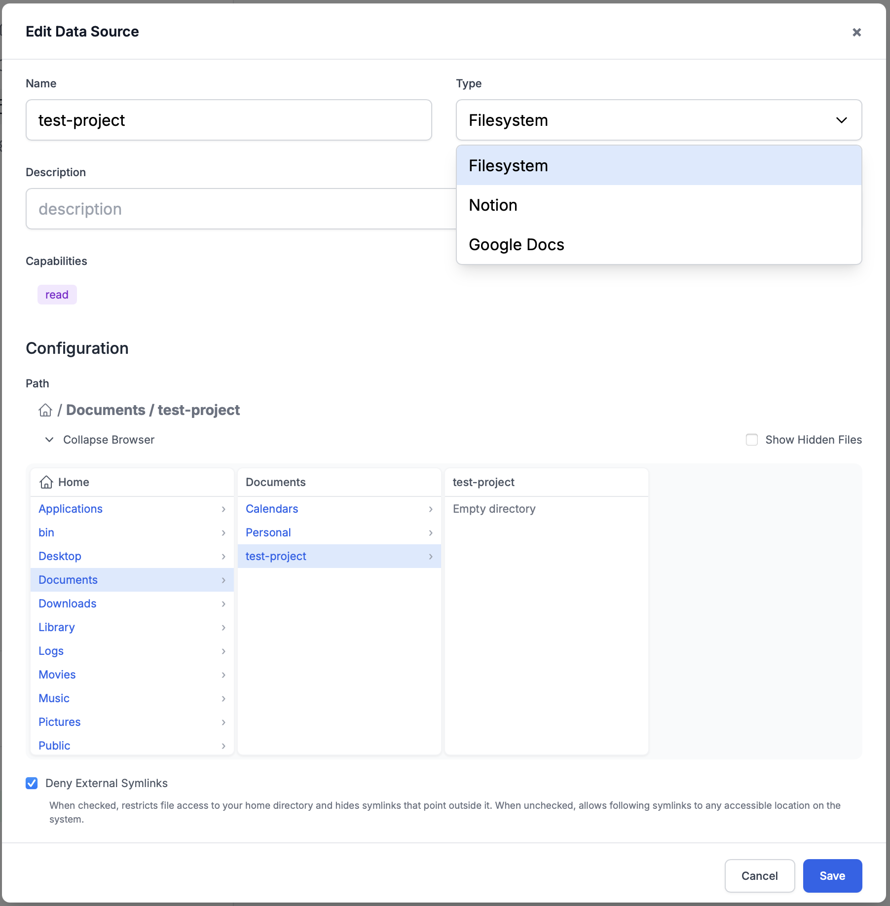 Filesystem datasource configuration showing directory path selection and capabilities