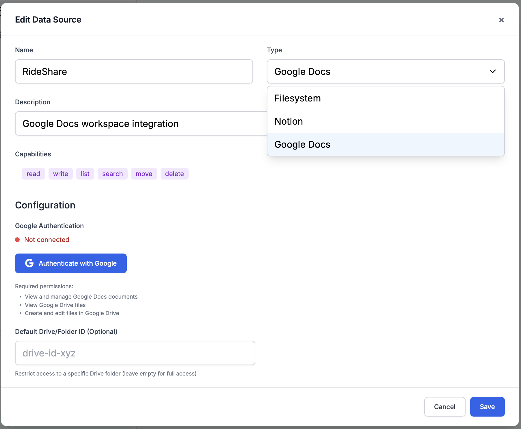 Google Docs datasource configuration showing OAuth authentication flow and document access permissions