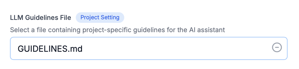 Screenshot of Project Settings showing the LLM Guidelines File field