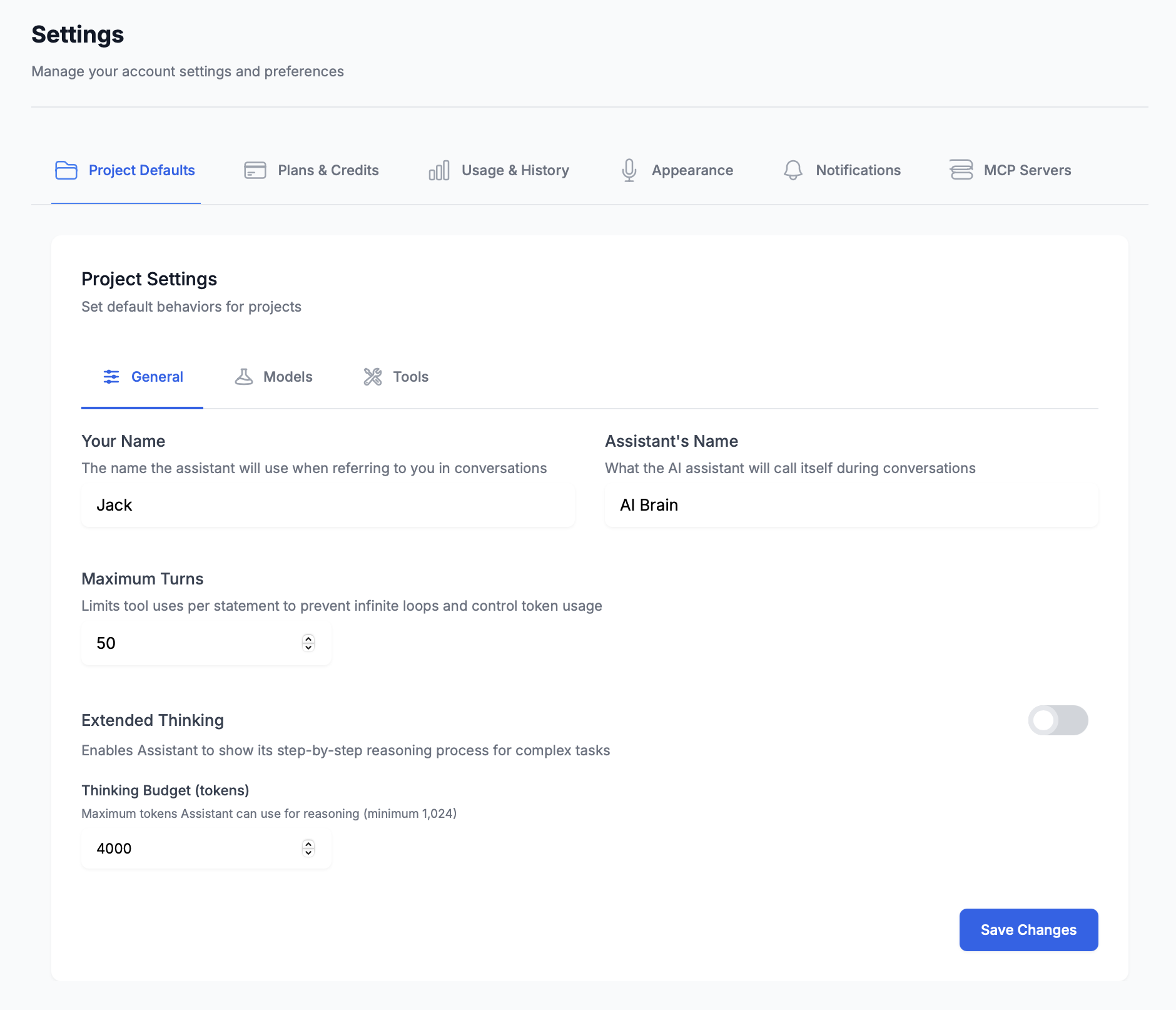 Project Defaults General Settings